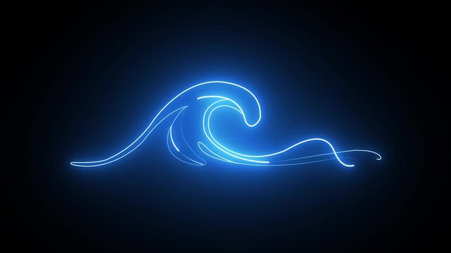 Abstract glowing blue neon ocean wave line art design on dark black background