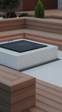 Vertical video. Outdoor terrace with illuminated fire pit on a wooden deck near a modern house patio.