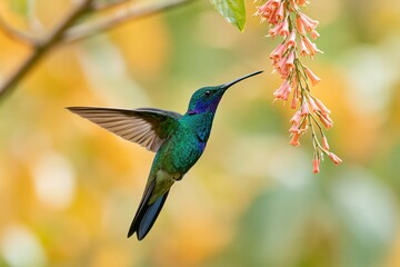Fototapeta premium The Hummingbird in Flight Amid Pink Blooms and Tropical Light