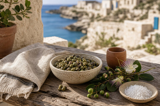 Mediterranean caper harvest on a coastal guesthouse terrace