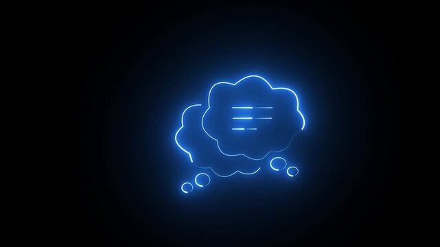 Glowing blue neon thought bubble icon with lines on a dark black background