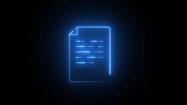 Glowing blue neon document icon with text lines on a dark black background
