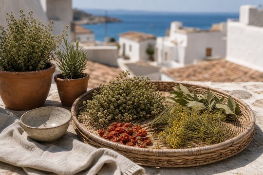 Mediterranean rooftop terrace with drying herbs and tomatoes