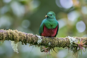 Fototapeta premium The Bird On Mossy Branch In Tropical Forest Light And Color