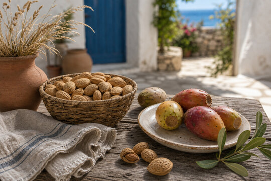 Almonds and prickly pears in a quiet Mediterranean courtyard