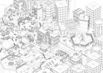 Fototapeta premium Black and white concept art of a detailed city with unique buildings in low poly wireframe style