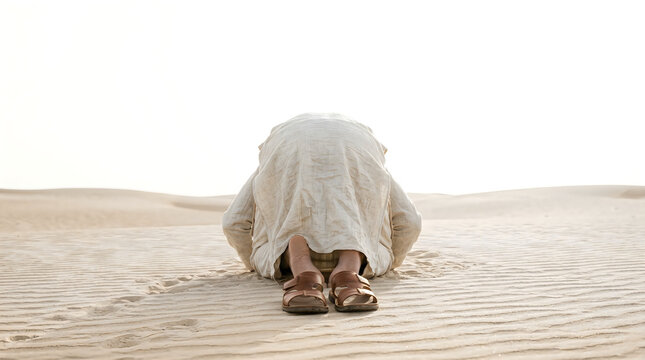Man in traditional robe prostrating in prayer on desert sand dunes