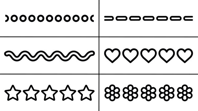 Black outline seamless pattern borders with moon circles chain waves hearts stars and flowers