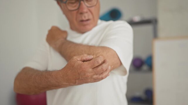 Man holds and rubs elbow in a therapy studio with fitness ball, foam roller and whiteboard on a shelf behind him; pain recovery.