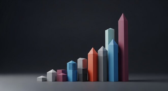 Abstract geometric pillars rising in a progressive trend line against a dark backdrop