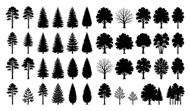 Tree silhouette collection with pine trees isolated on white background