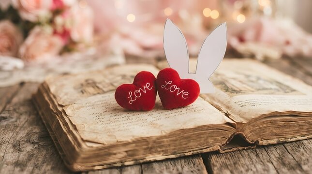 Celebrating book lovers' day world book day romantic vintage book with hearts and bookmark