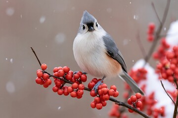 Fototapeta premium The Titmouse Perched On a Snowy Branch Beside Bright Red Berries