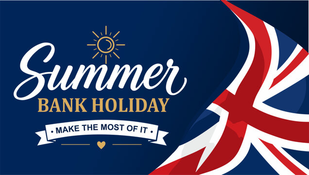 UK Summer Bank Holiday Blue Web Banner Template. Flat vector horizontal web banner for British Summer Bank Holiday, featuring an elegant Union Jack flag wave and line-art sun.