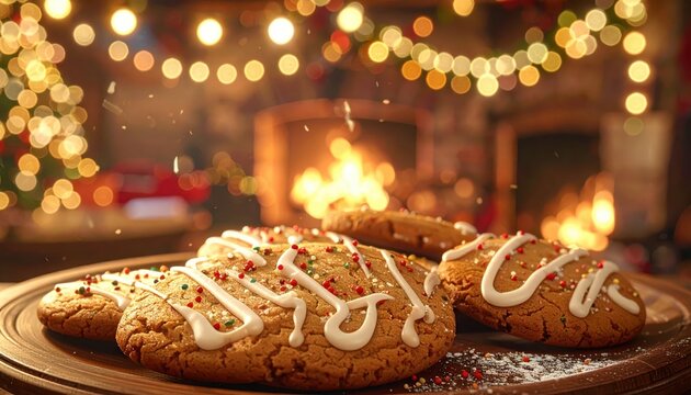 Festive Gingerbread Cookies with White Icing and Sprinkles by a Cozy Fireplace