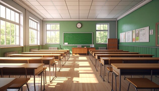 Bright empty classroom with rows of wooden desks and chairs facing green chalkboard, teacher&rsquo;s desk, clock above, large windows with natural light, clean orderly learning environment.