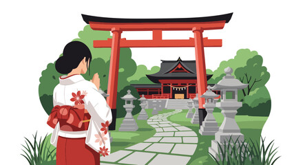Flat style vector illustration of Japanese girl praying respectfully at a peaceful Shinto shrine surrounded by nature. Perfect for Japanese culture, religion, travel and heritage themes © Amie