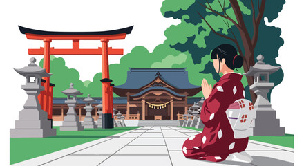 Flat style vector illustration of Japanese girl praying respectfully at a peaceful Shinto shrine surrounded by nature. Perfect for Japanese culture, religion, travel and heritage themes © Amie