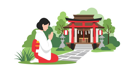 Flat style vector illustration of Japanese girl praying respectfully at a peaceful Shinto shrine surrounded by nature. Perfect for Japanese culture, religion, travel and heritage themes © Amie