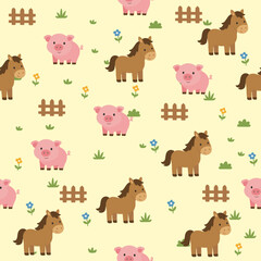 Fototapeta premium Seamless vector background with cartoon horses, pigs, and fences. Ideal for children's textiles, wallpaper, and wrapping paper.