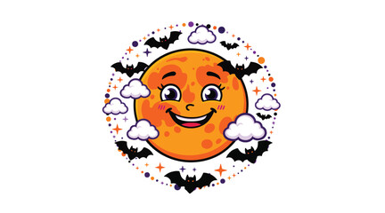 Fototapeta premium Cute smiling Halloween moon character surrounded by flying bats and fluffy clouds on a festive night