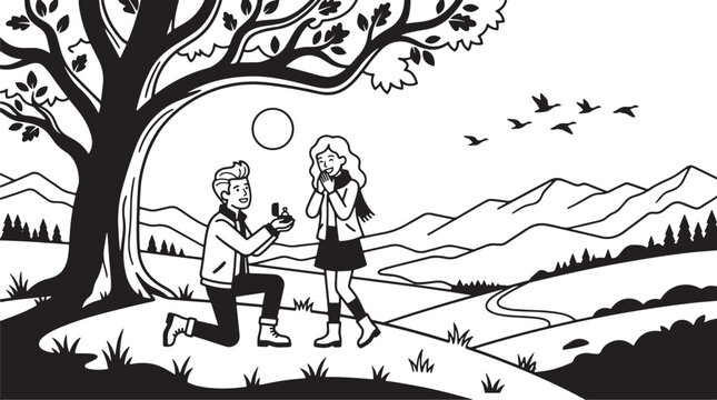 Man proposing to his partner under a large tree in the mountains