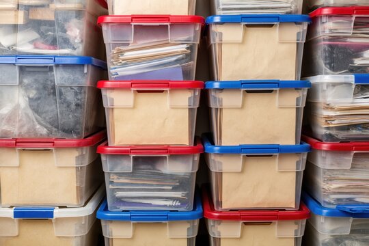 The Colorful Plastic Storage Bins Filled with Papers and Documents