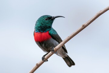 Fototapeta premium The Hummingbird on a Branch with Iridescent Emerald Green Feathers and Red Gorget