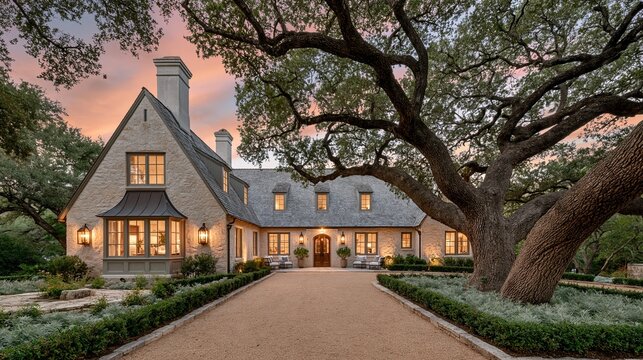 Beautiful luxury stone country villa with warm lit windows and manicured front garden sits under large old oak trees during warm sunset dusk