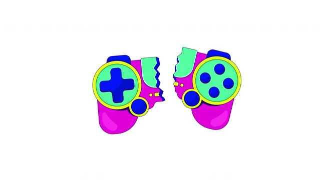 Videogame controller breaking apart 2D cartoon animation. Gaming failure. Joystick splitting in half. Gamepad snapping in two pieces animated flat colorful element 4K video on transparent background