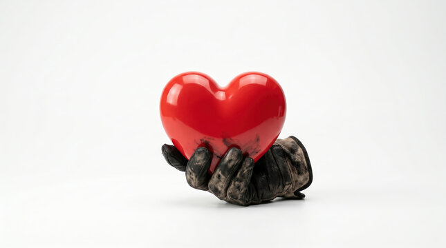 Dirty Work Gloves Holding a Red Heart, Compassion, Dedication and Hard Work Concept
