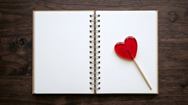 Book lovers' day world book day heart shaped candy with open notebook on wood