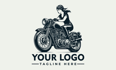 Vintage style illustration of a woman riding a classic motorcycle for a logo design. © Egis