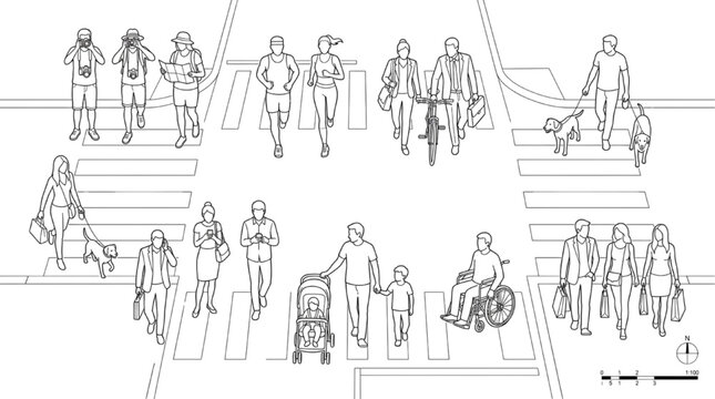Urban Crosswalk Street Intersection Scale Figures Line Art Vector People Silhouettes for Site Plan