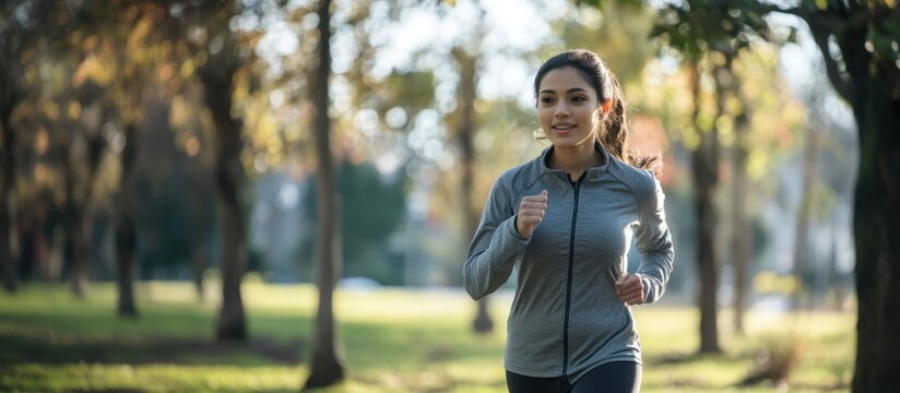 A young Hispanic woman jogs in a park surrounded by trees. She wears a gray athletic jacket and has long dark hair tied back. The scene is bright and sunny.