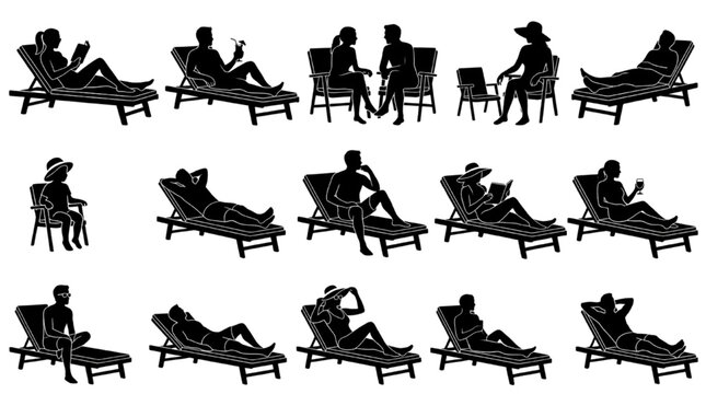 Resort Sun Lounger Black Silhouettes Architectural Scale Figures Relaxing Beach People for Elevation