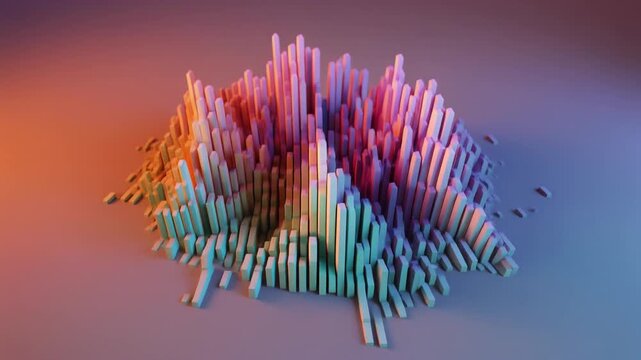 3D clustered bar graph of vertical rectangular bars in gradient hues of blue, pink, orange, and purple, reflective lighting, artistic data visualization depth and contours.