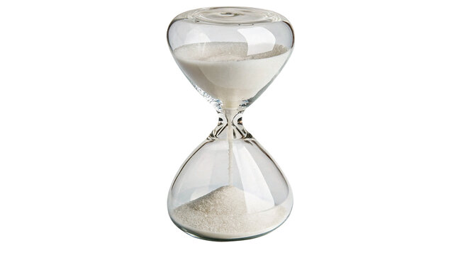 Classic clear glass hourglass sand timer with flowing white sand isolated on transparent background cut out