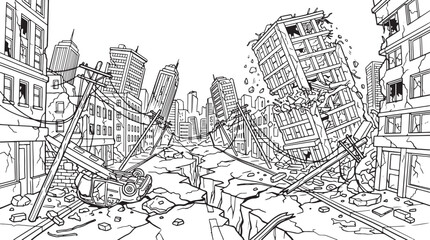 Obraz premium Post-apocalyptic cityscape with ruined buildings and cracked ground