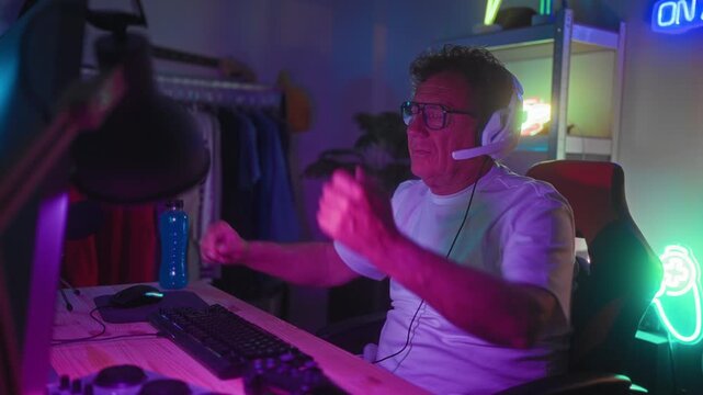 Man adjusts headset and claps hands in streaming studio with keyboard, microphone and neon sign; live streaming excitement.