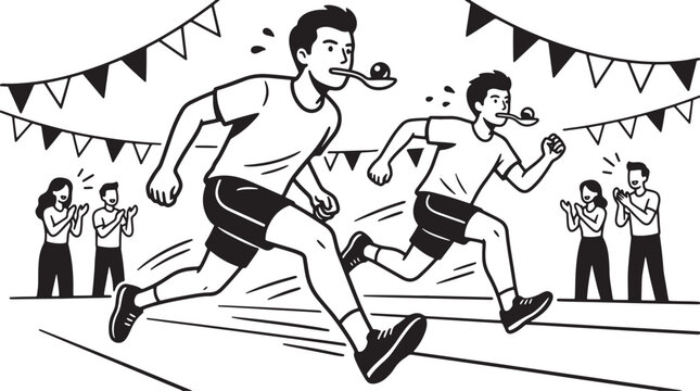 People racing with spoons and eggs during a festive outdoor competition