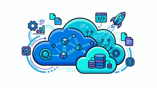 Digital cloud network with data code rocket and gears
