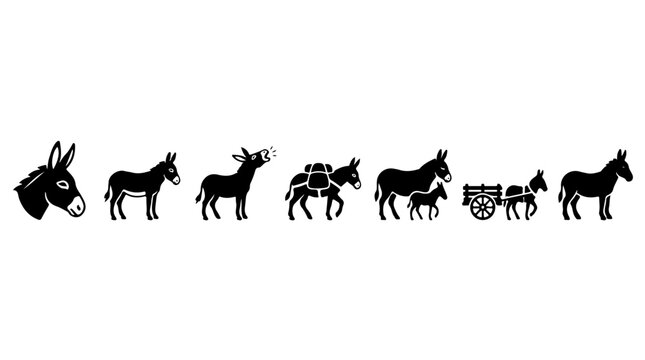 Donkey illustration sequence showing various uses from pack animal to cart pulling symbolizing labor, endurance, and rural livelihood