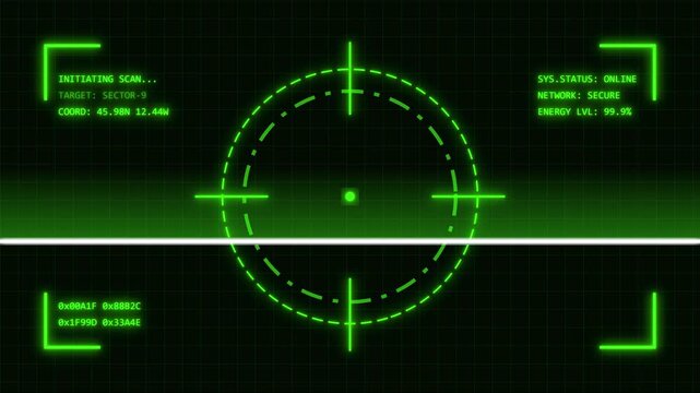 Futuristic green HUD radar targeting interface animation with scanning laser line and digital data