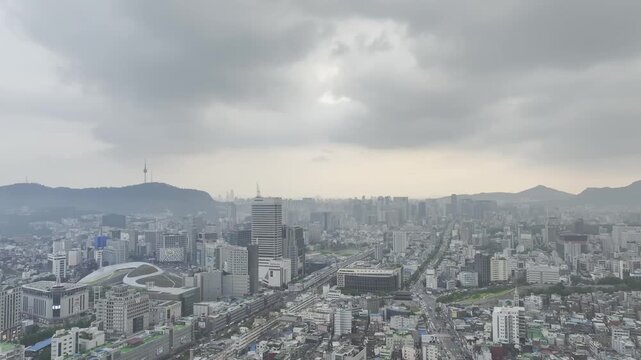 Aerial Drone View of Jongno Cityscape near Dongmyo Station and DDP Dongdaemun Design Plaza in Seoul, South Korea
