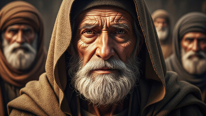 Fototapeta premium Close-up of an elderly man with a white beard wearing a hooded cloak and traditional attire, surrounded by other men in similar clothing in a historical setting