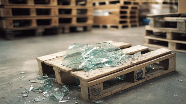 Broken glass pieces scattered on a wooden pallet in a warehouse. The background features stacked wooden pallets, creating an industrial setting.