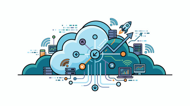 Digital cloud network with data servers laptop rocket and graphs