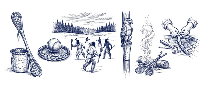 Native American lacrosse history illustration showing indigenous people playing traditional stickball game in forest, woodcut style drawings of eagle totem, campfire, weaving hands, vintage sketch.