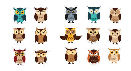 Obraz premium Diverse set of cartoon owl characters shows different colors, sizes, and facial expressions ranging from sleepy to angry.